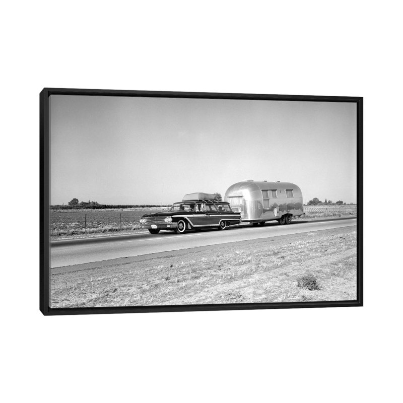 " 1960s-1970s Family Station Wagon And Camping Trailer Driving On Country Highway On Vacation " by Unknown Artist, No Mat