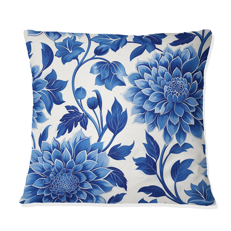 Cobalt bleu floral transitionnel III - Coussin décoratif transitionnel, H 18 po x l 18 po