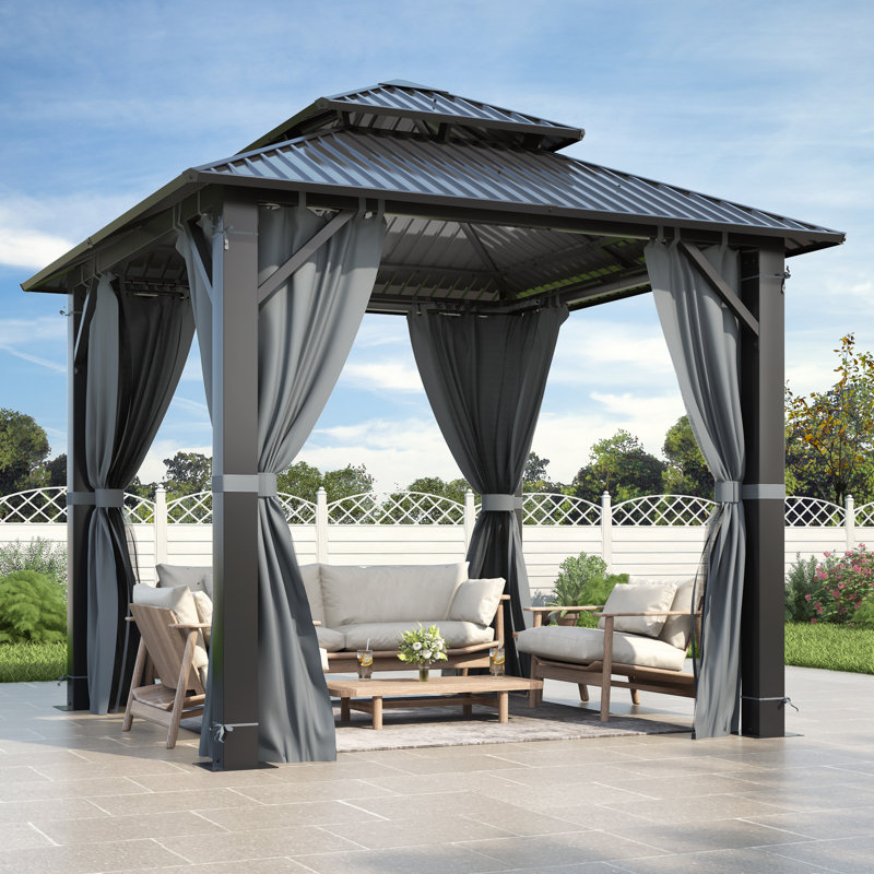 8.5 ft. W x 8.5 ft. D Aluminum Patio Gazebo - Galvanized Steel Hardtop Gazebo with Curtain & Nettings, 8.5 ft. W x 8.5 ft. D