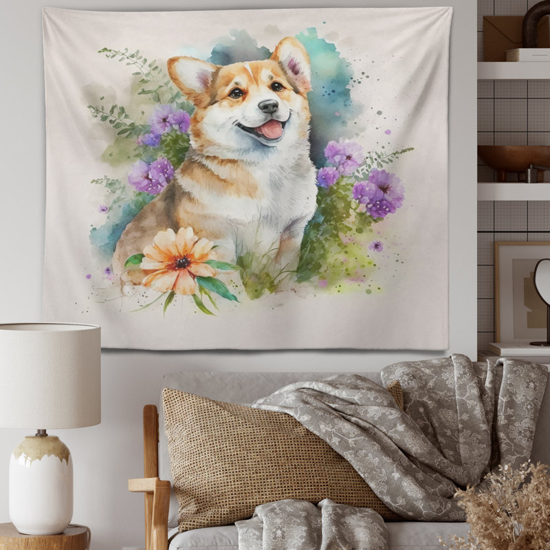 Tapisserie mignonne en polyester pour petit chien Corgi, H 32 po x l 39 po