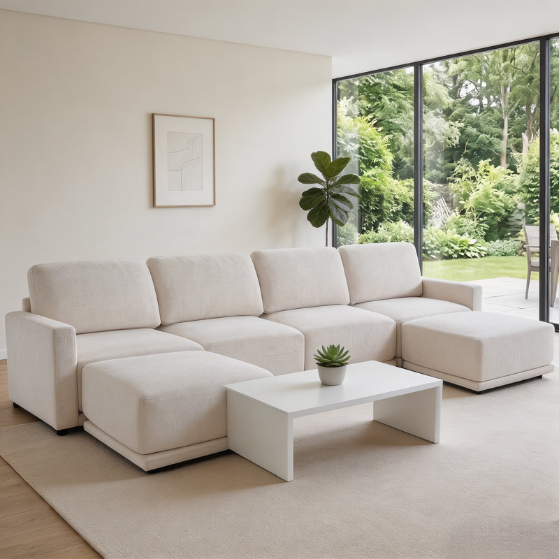 Canapé modulaire en U de 145 po, 4 places avec 2 repose-pieds, blanc, 4 places + 2 repose-pieds, Blanc