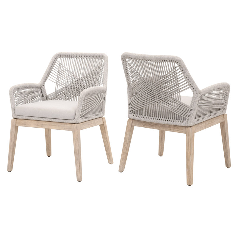 Chaise avec accoudoirs en bois massif Krisily, Taupe / Blanc