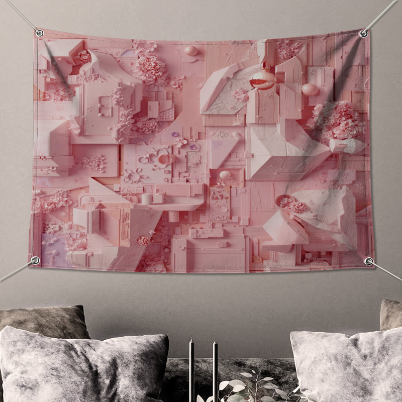 Tapisserie murale rose avec architecture géométrique, 104in H x88 with 4 Grommets