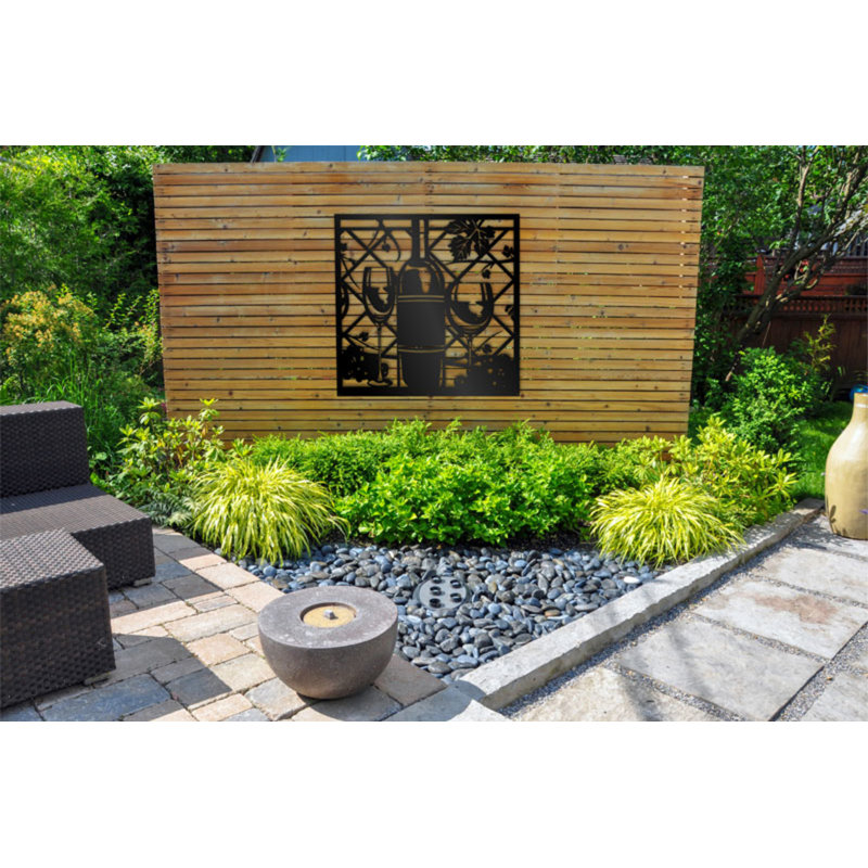 Panneau d'intimité en aluminium découpé au laser avec dégustation de vin - art mural extérieur thermolaqué en métal, cloison décorative de clôture de jardin