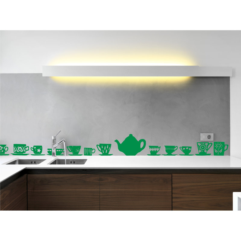 Décalcomanie murale tasses de thé, H 23 po x l 24 po x P 0,01 po, Vert clair