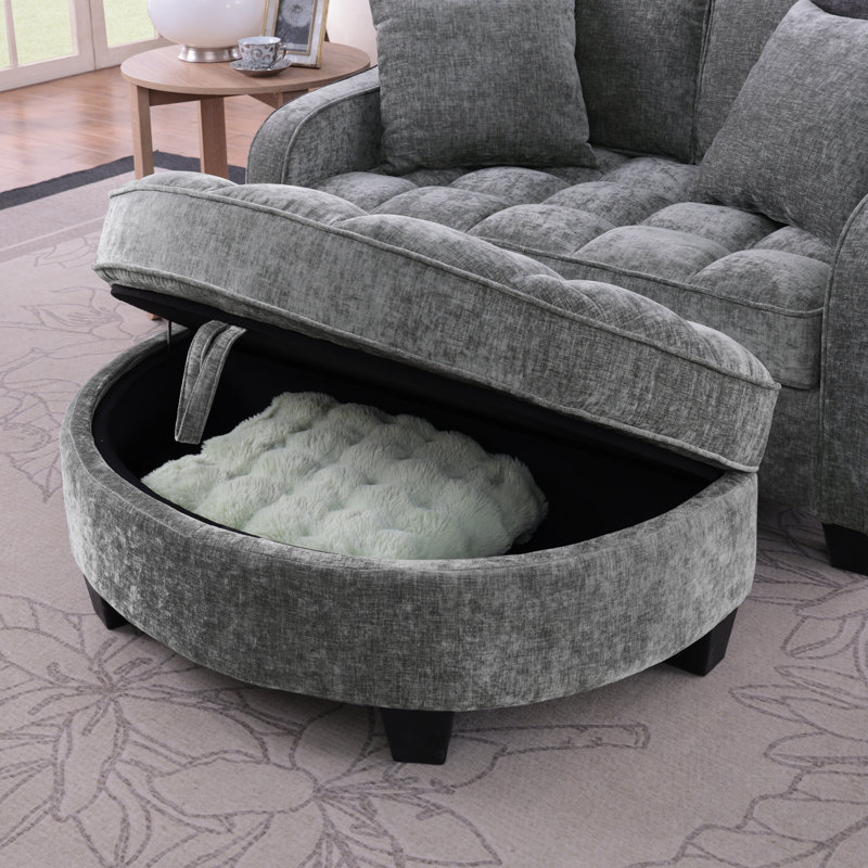 Chaise longue rembourrée avec deux coussins décoratifs et un espace de rangement, Gris