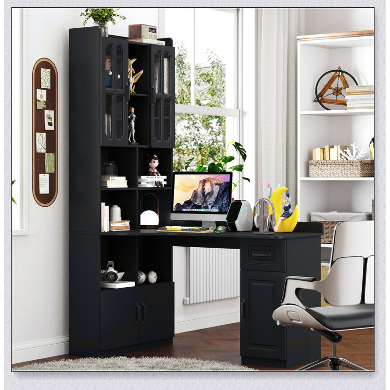 Bureau d'ordinateur d'angle en L pour bureau à domicile ou bureau d'étude, table d'étude de style moderne avec tiroirs, bibliothèque et huche, conception en L 2 en 1, grand espace de travail