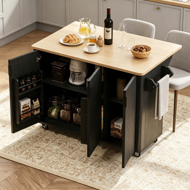 Fluted Cabinet Rolling Kitchen Island with Drop Leaf Top, Adjustable Interior Shelves & Convertible Feet Design, Black
