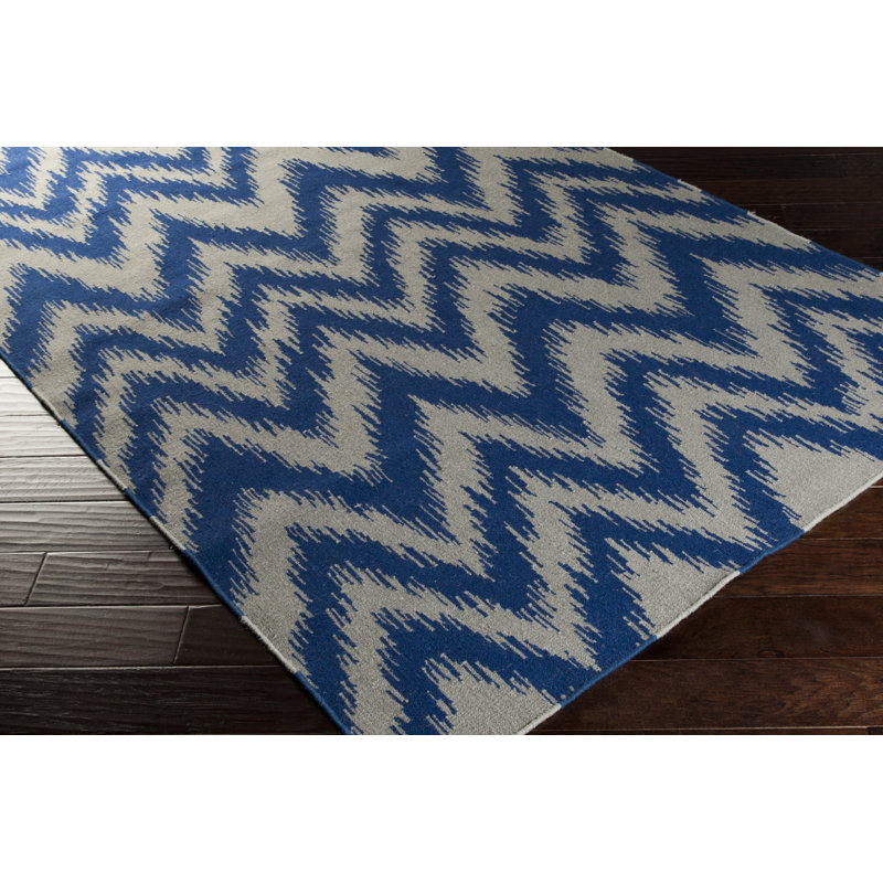 Tapis bleu / gris en laine tissé à la main Clark, Rectangle 2 pi x 3 pi