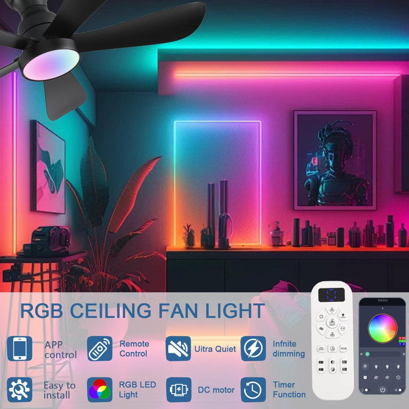 Ceiling Fans With Lights And Remote/App Control, Flush Mount Ceiling Fan With Reversible Dc Motor RGB Dimmable Light, Noiseless Modern Small Ceiling Fan For Bedroom Indoor/Outdoor