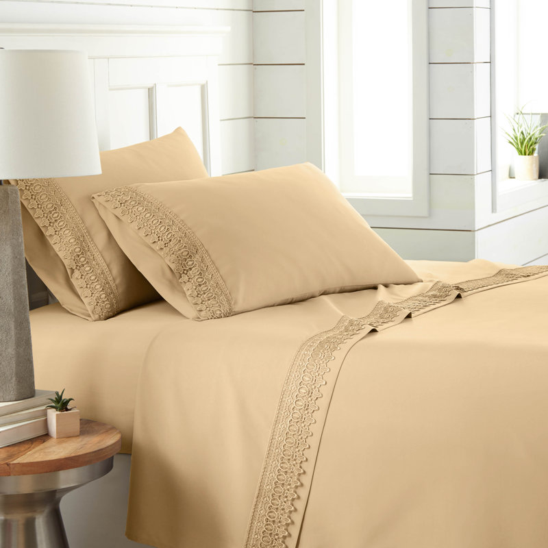 Jaquil Extra Deep Pocket Microfiber Sheet Set with Lace Hem, Queen, Gold