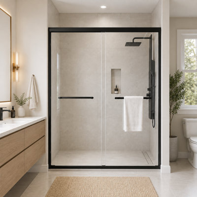 Porte de douche coulissante double semi-sans cadre en verre trempé transparent, 142-152 cm x 183 cm (H), verre trempé SGCC 1/4 po noir