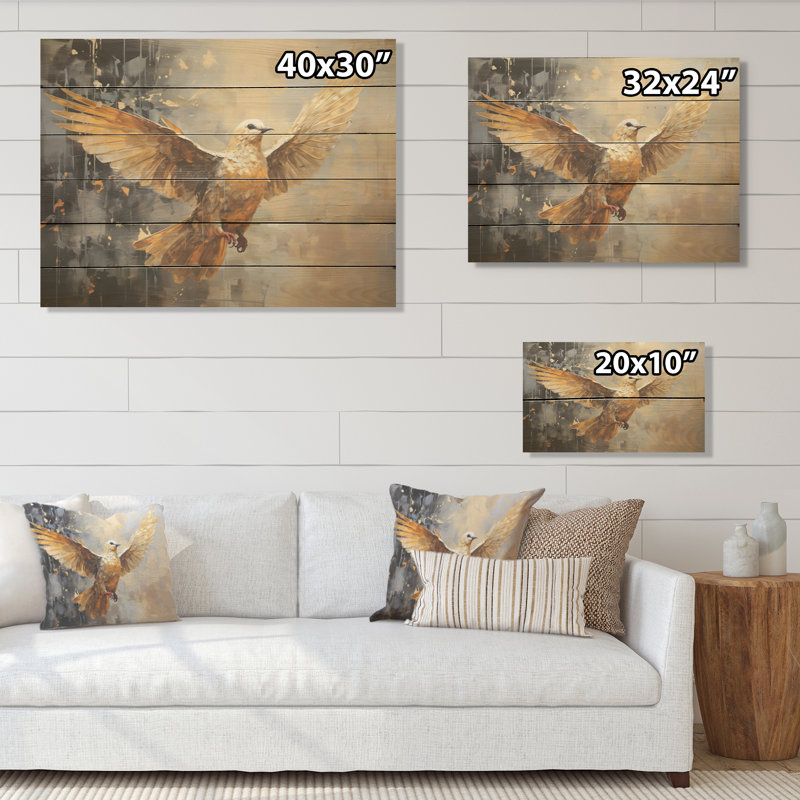 Golden Dove Grace - art mural sur bois de pin naturel, H 30 po x l 40 po