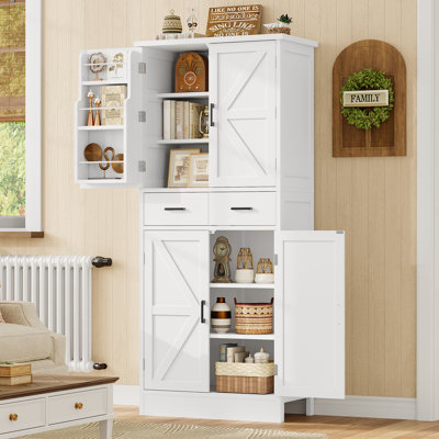 Kitchen Pantry Cabinet with 2 Drawers, Pantry Storage Cabinet with Barn Doors, White
