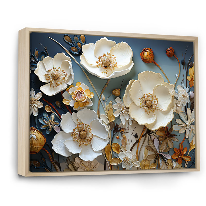 Jaune et gris coquelicots, art liquide - art floral sur toile, Cadre naturel flottant, H 12 po x l 20 po x P 1 po