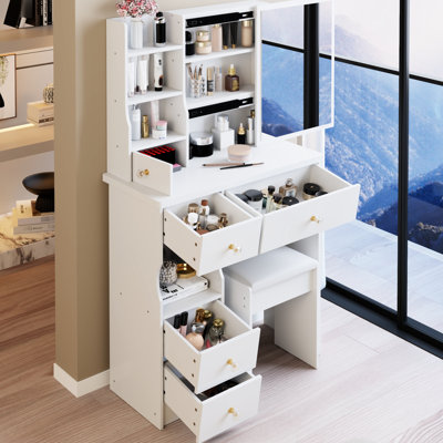 Small - Sized White American Style Vanity Table With Left Drawer, Right Sliding Mirror, Multi Layer Storage And Cushioned Stool For Spaces 50.4" High Extra Large In Bedrooms