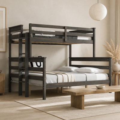 Lit superposé en bois, 2 places XL et 2 places Queen, avec échelle, gris