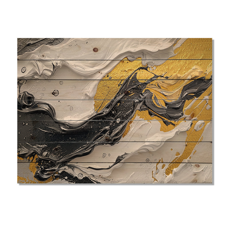 Black Yellow Fugue In Color II - Neo-Expressionism Wood Wall Decor - On Natural Pine Wood, 24" H x 32" W x 0.78" D