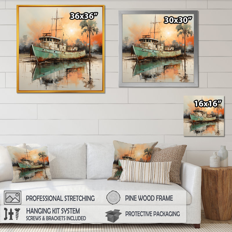 «Harbor Dawn Fishing Boat» - art mural bateau côtier, Cadre flottant blanc, H 16 po x l 16 po x P 1 po
