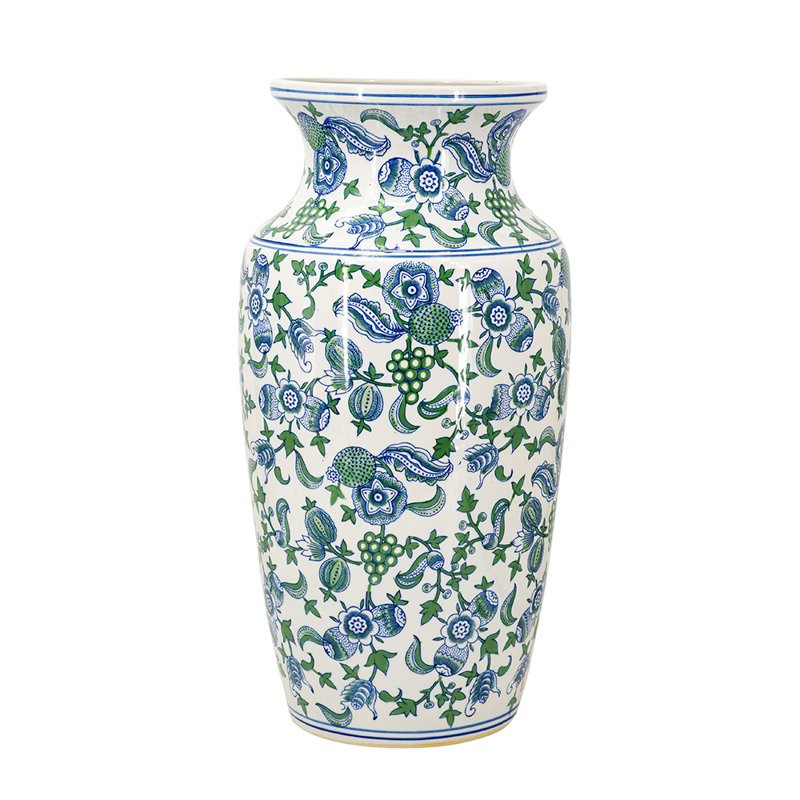 Decorative Porcelain Vase with Cherry Blossom Patterns - 12"Dia. x 24" - Blue/Green/White