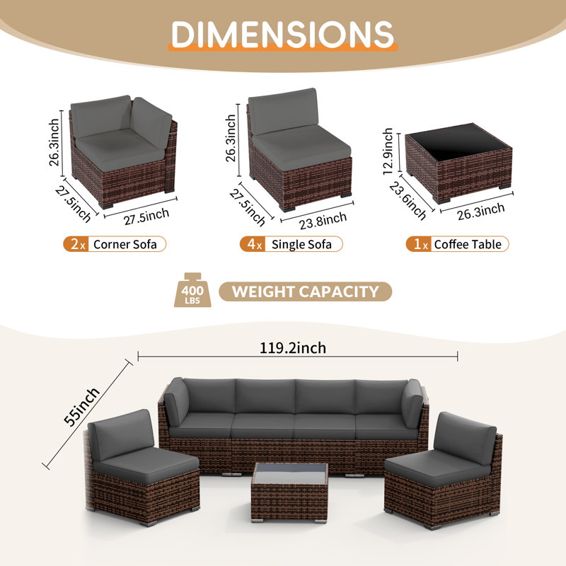 2 Piece Rattan Sectional Seating Group With Cushions, Gray
