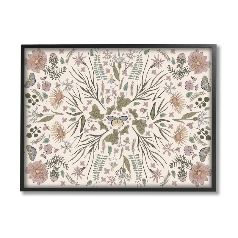 Délicat motif botanique complexe d'insectes papillons par Birgit Maria Kiennast - cadre flottant, impression sur toile