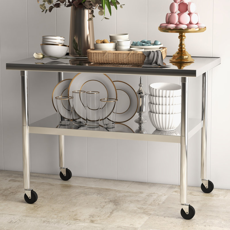 Table de travail robuste en acier inoxydable pour bureau - Bureau commercial certifié NSF - Plateau de table en métal durable - Avec tablette inférieure - Avec roulettes sans dossier - Dimensions: 76 x 46 cm