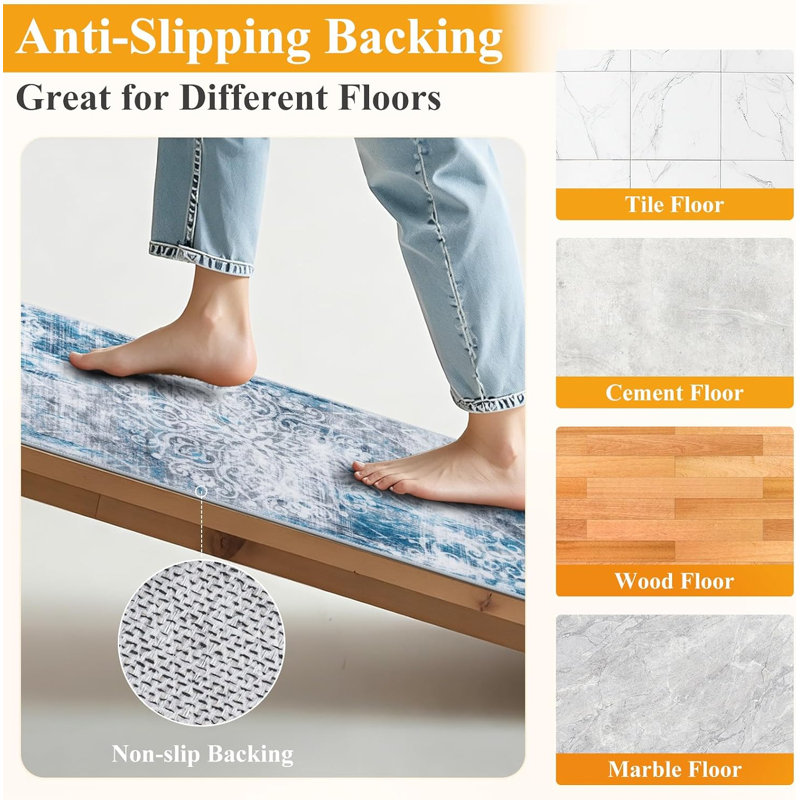 Non Slip Washable Kitchen Mats Vintage Boho Kitchen Carpet (Set of 3), Blue
