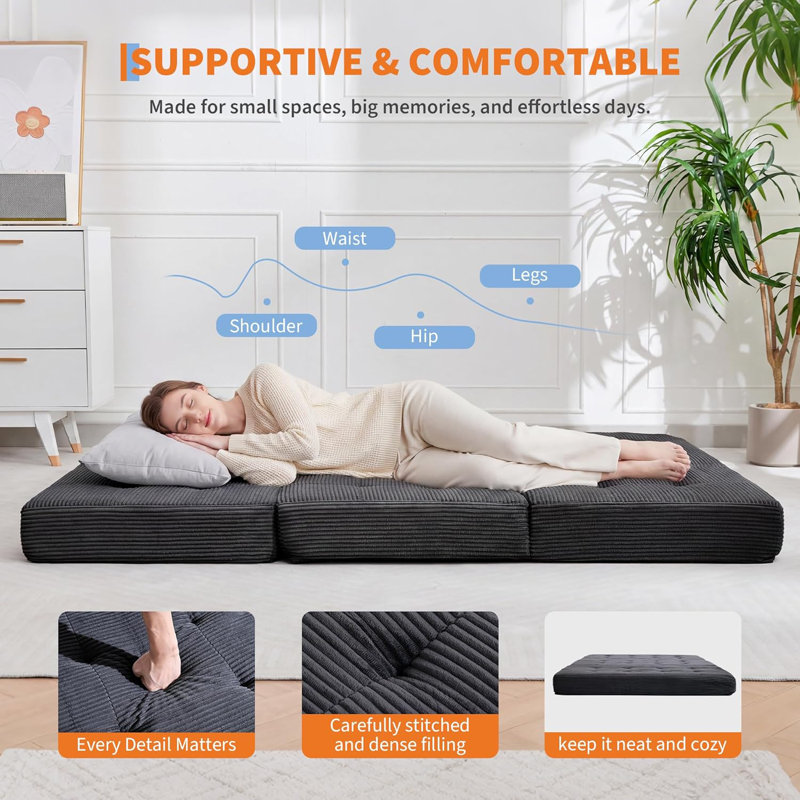 Canapé-lit de plancher pliable avec mousse de soutien à haute densité, matelas pliable de 6 pouces