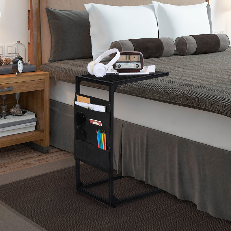 Black C-Shaped Side Table with Storage Pockets 2-Pack