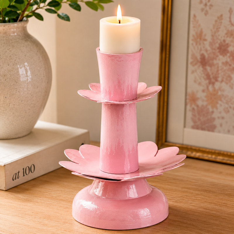 Lotus Bloom Tabletop Handmade Pink Candleholder, Pink