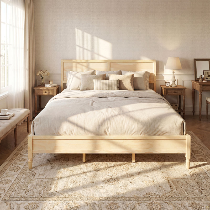 Structure de lit plateforme très grand en bois avec tête de lit à panneau classique, support de lattes en bois, aucun sommier requis, assemblage facile, naturel