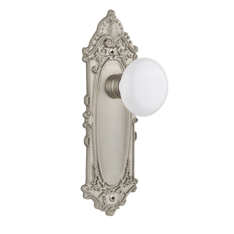 Victorian Plate with White Porcelain Door Knob, Satin Nickel, 2-3/4”