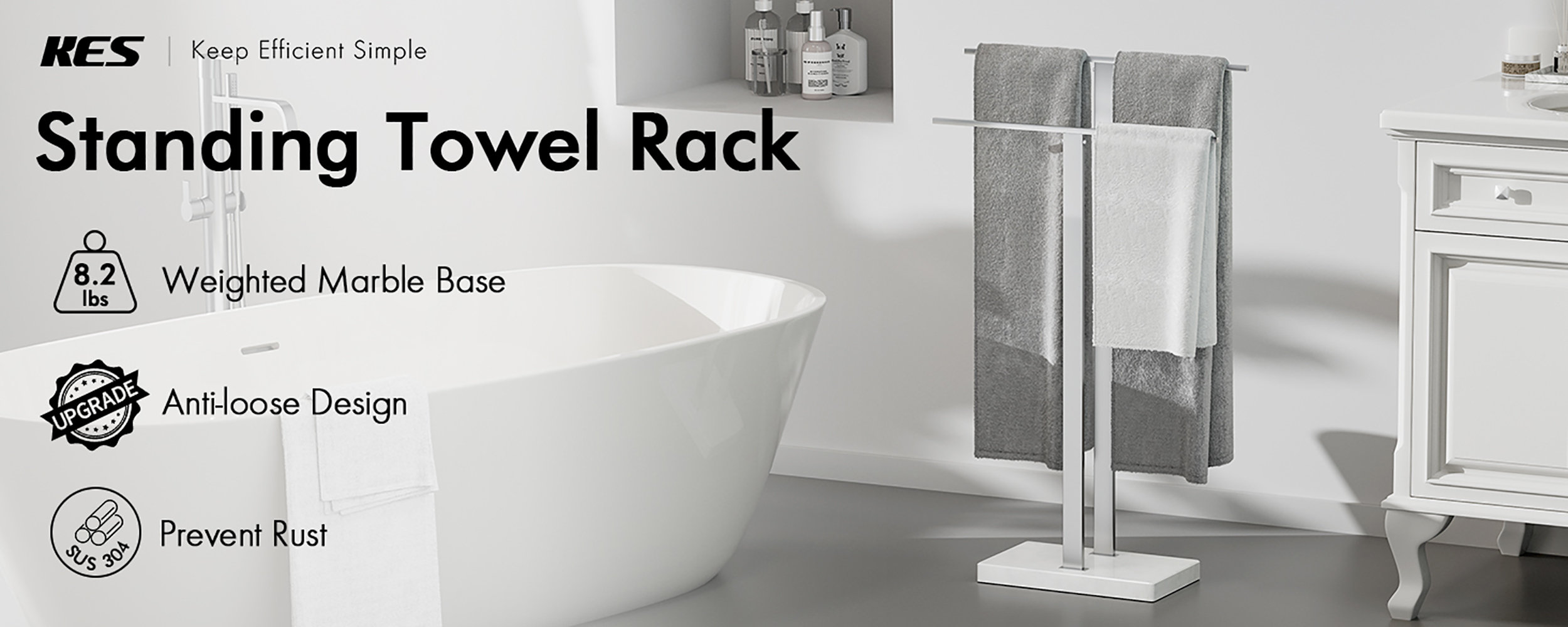 KES Freestanding Towel Rack 2-Tier Stand with Marble Base for Bathroom ...
