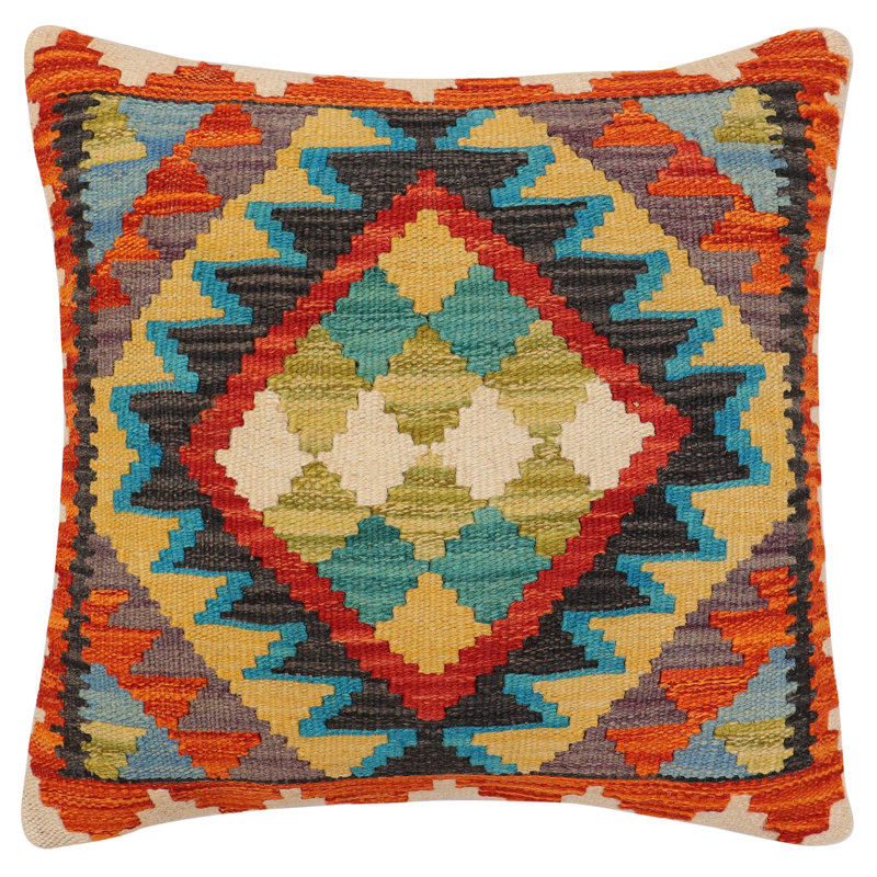 Coussin rustique en kilim tissé à la main Wilkie, H 19 po x l 19 po, Rouille / bleu / beige / doré