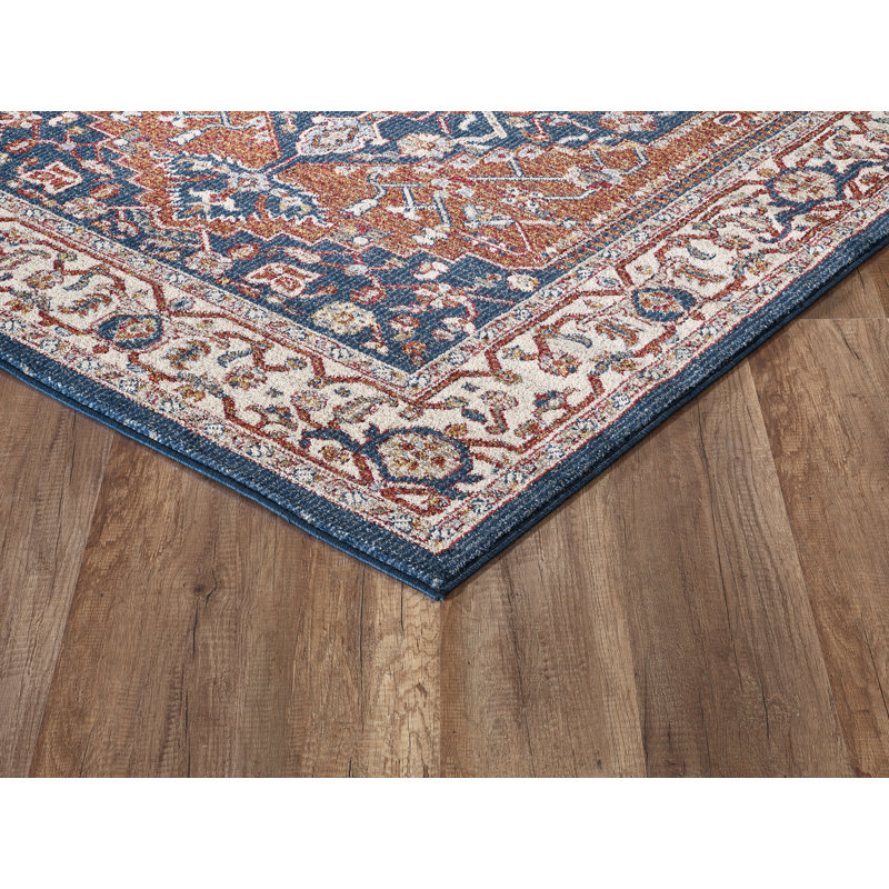 Tapis bleu / brun / crème tissé à la machine Moloney, Rectangle 4 pi x 6 pi