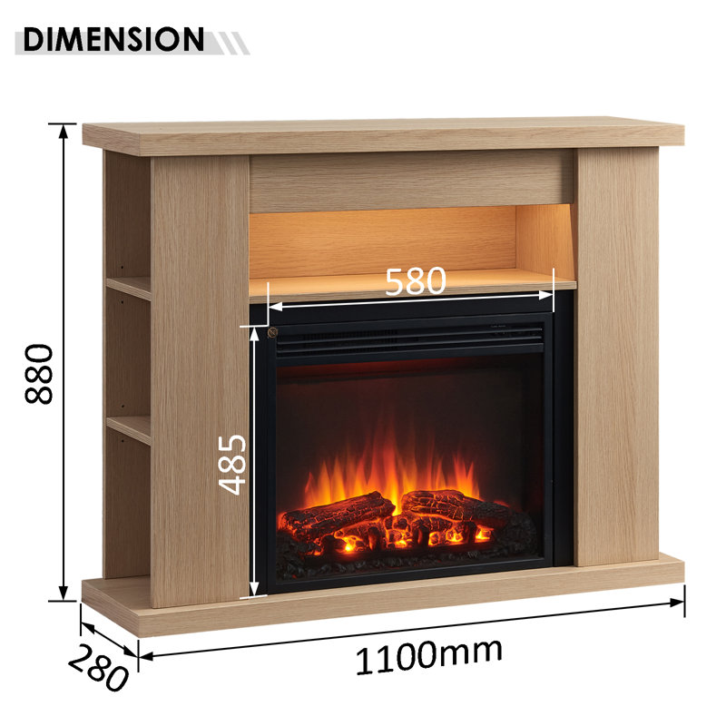 LIPSON FLAMME Electric Fireplace, Natual Oak, 88cm H x 110cm W x 28cm D