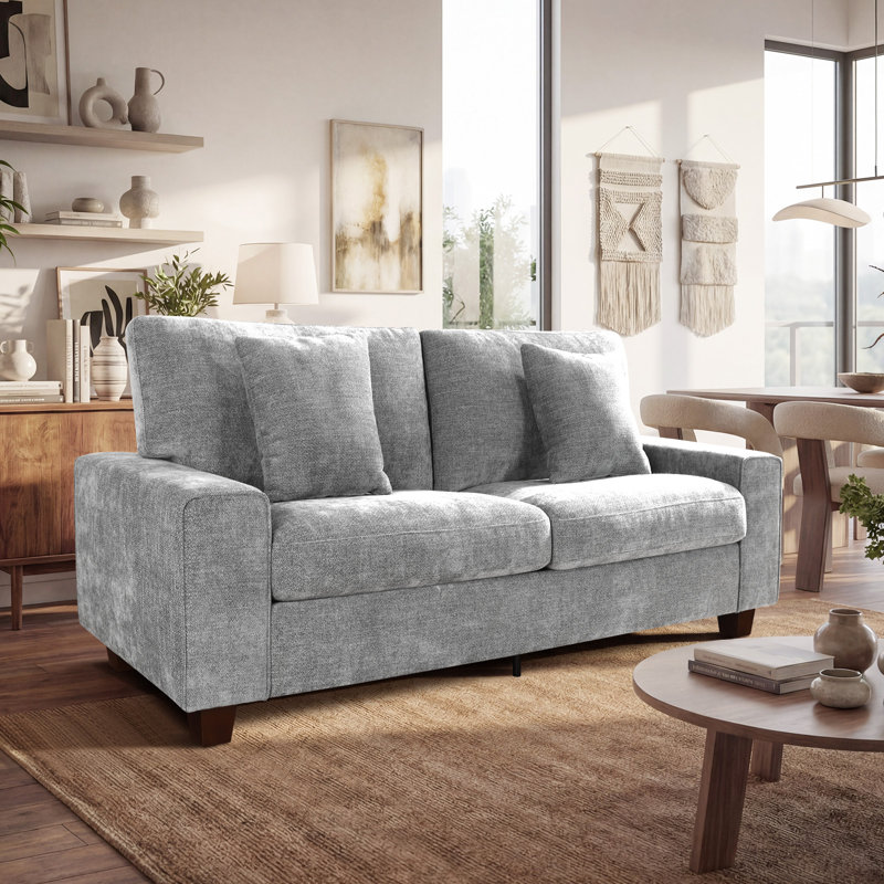Karlita 71.25'' Modern Upholstered Sofa with Square Armrests and 2 Throw Pillows, Light Gray