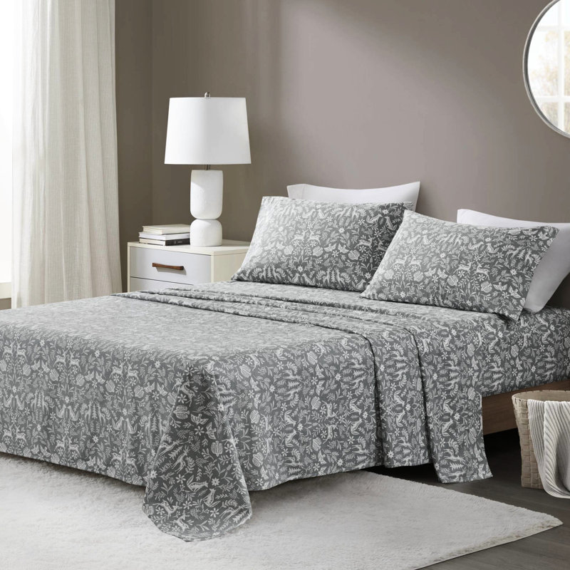 Ensemble de draps 4 pièces - Imprimé faune de sauge d'hiver, 100% flanelle de coton, dimensions luxueuses surdimensionnées jusqu'à une hauteur de matelas de 18 po, douceur supérieure, drap-housse élastique, pré-rétréci