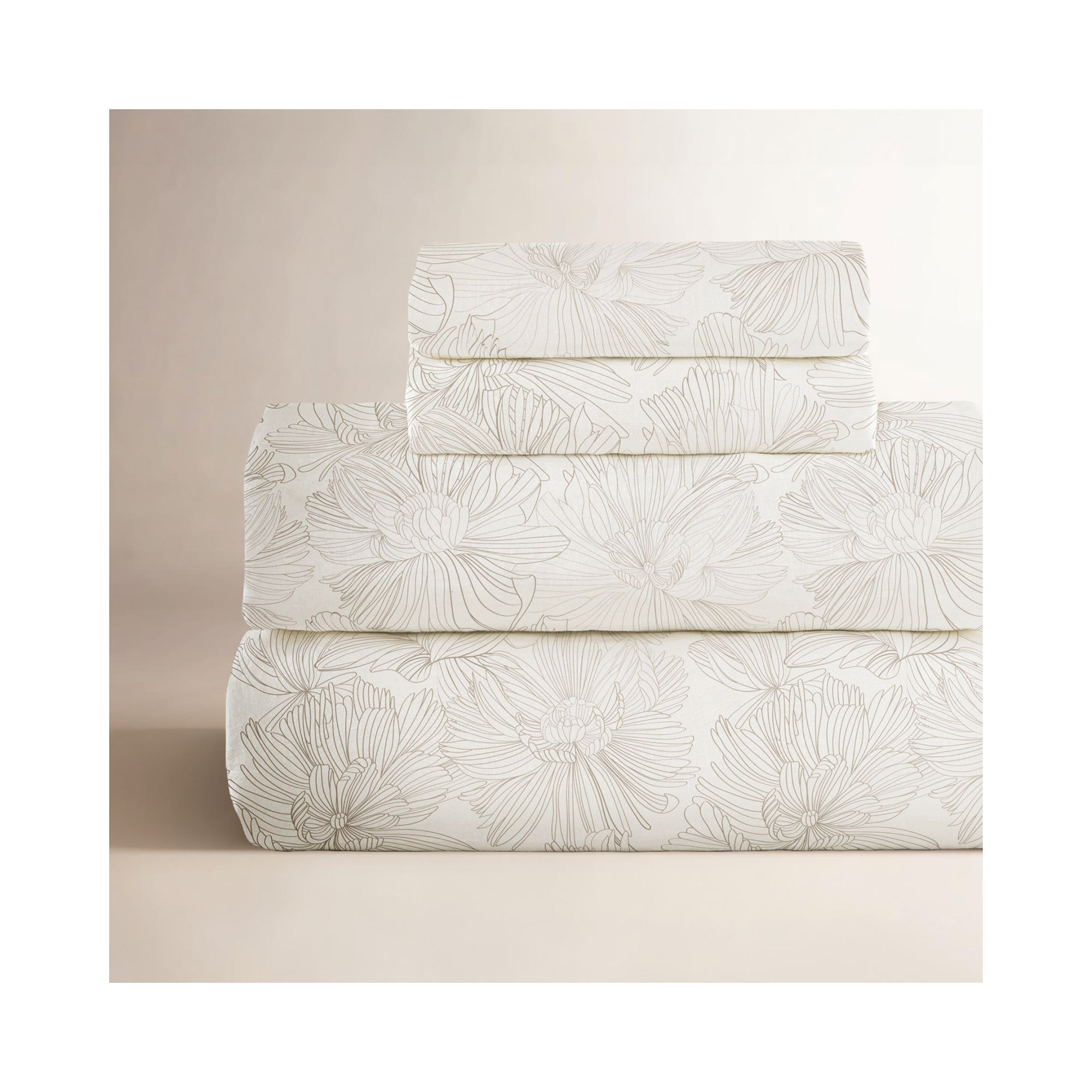 100% French Linen Sheet Set, Twin Sheet Set with 1 Pillowcase, Cream/Putty Floral
