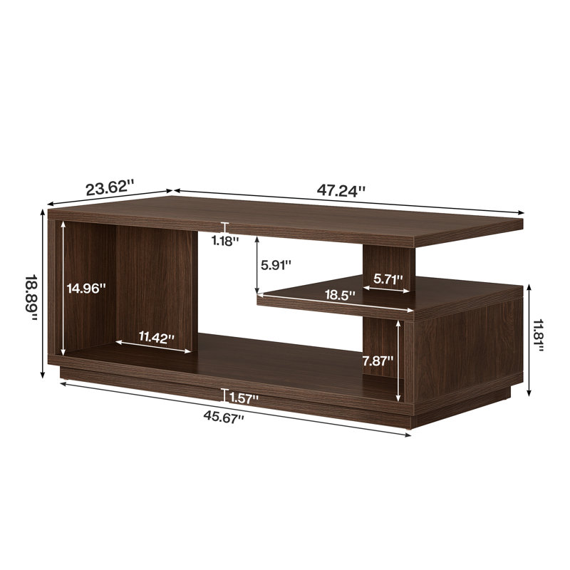 47.24" Mid-Century Modern Coffee Table with Storage Shelf, 3-Tier Rectangle Wooden Centre Table