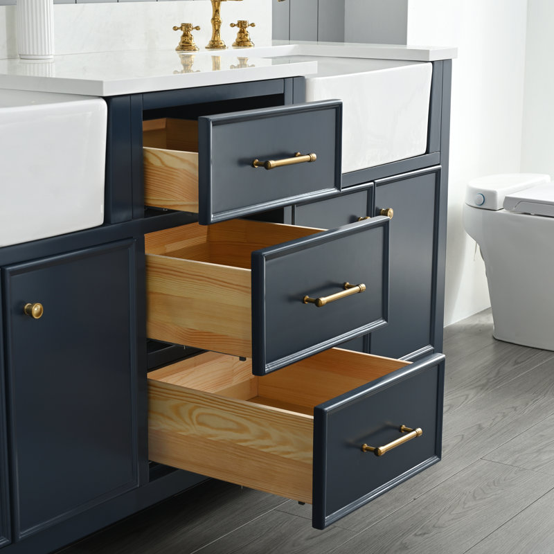 Meuble-lavabo double 72 po Aisa, Bleu indigo / or brossé
