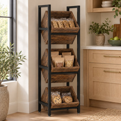 15" Wide 3-Tier Angled Basket Storage Stand, Rustic Brown & Black