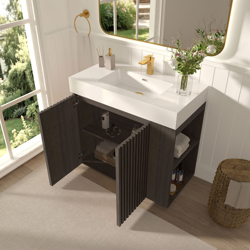 Meuble-lavabo 36 po avec surface solide, 36", Blanc / Brun foncé, Monotrou