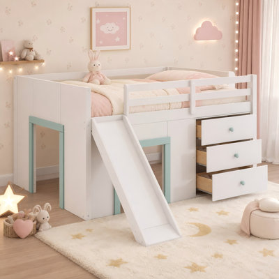 Lit mezzanine double pleine grandeur avec glissière, trois tiroirs de rangement et 2 portes d'armoire, finition blanche