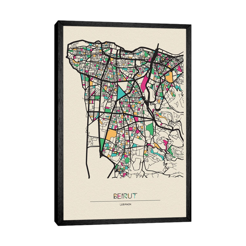 Beirut, Lebanon Map by Ayse Deniz Akerman - Print on Canvas, Black Framed, 66.04cm H x 45.72cm W x 3.81cm D