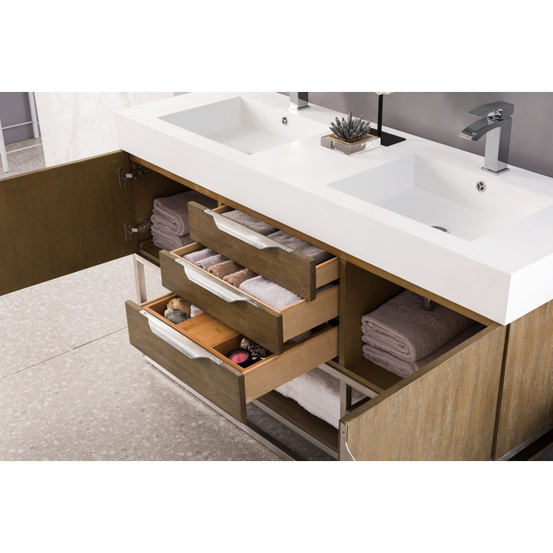 Meuble-lavabo double l 59 po Samorah, Chêne latte, Blanc, Or rayonnant