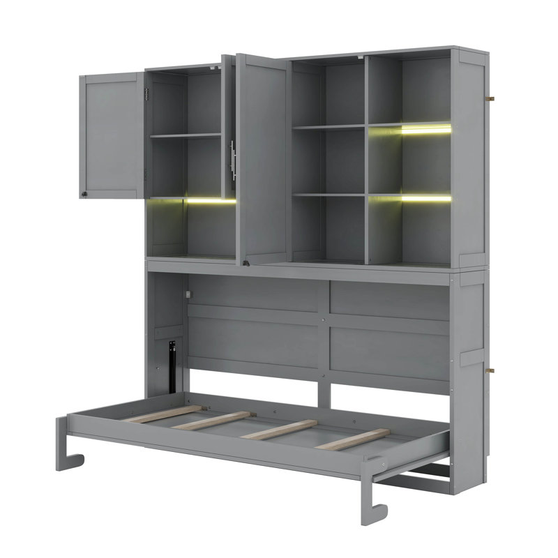 Lit escamotable mural simple avec armoire supérieure, tablettes, lumière et USB, gris