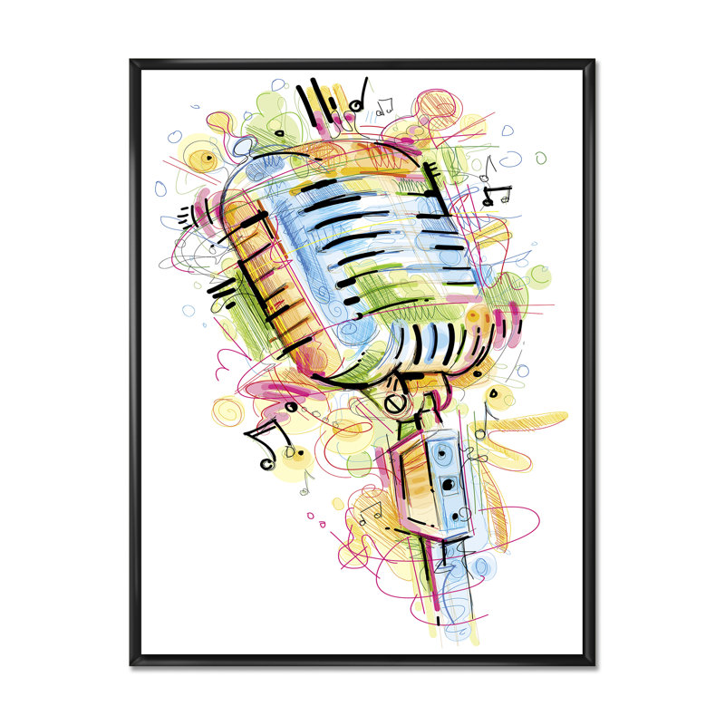 Microphone musical, dessin abstrait - peinture, H 32 po x l 16 po x P 1 po, Cadre flottant noir