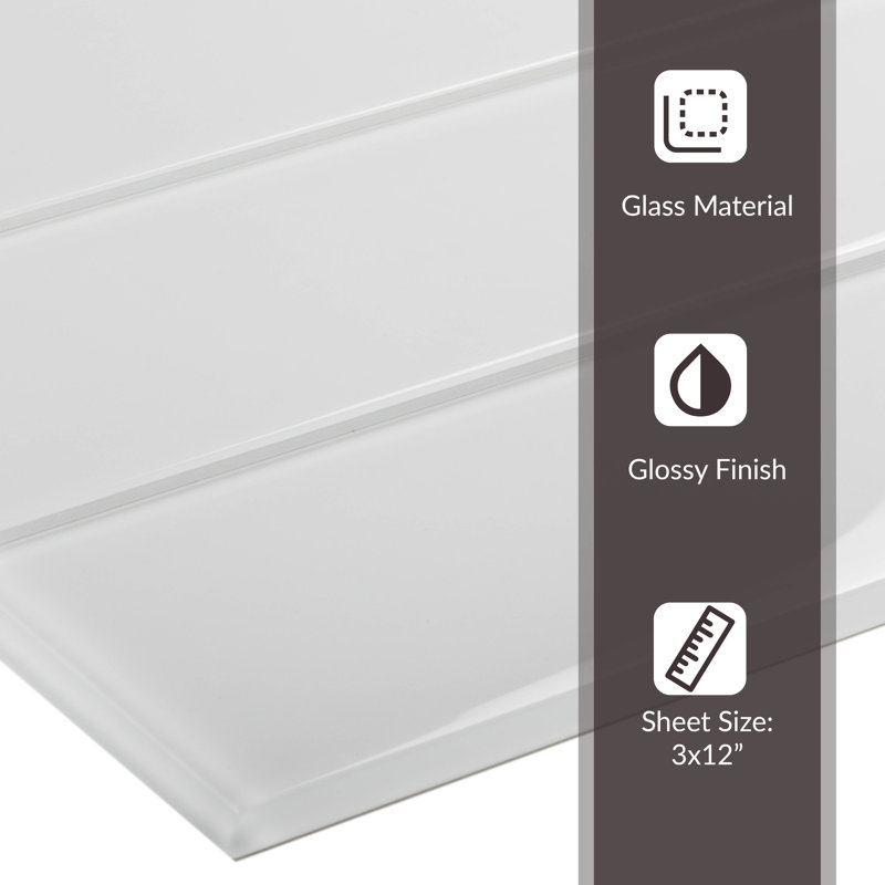 3'' x 12'' Glass Subway Wall Tile, White